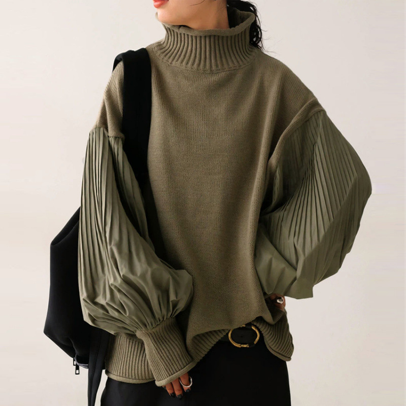 Cross-Border Foreign Trade Japanese and Korean Style Loose Pullover High-Neck Patchwork Pleated Sleeve Casual Women's Top Knit Sweater Cardigan Cross-Border Foreign Trade Japanese and Korean Style Loose Pullover High-Neck Patchwork Pleated Sleeve Casual Women's Top Knit Sweater Cardigan
