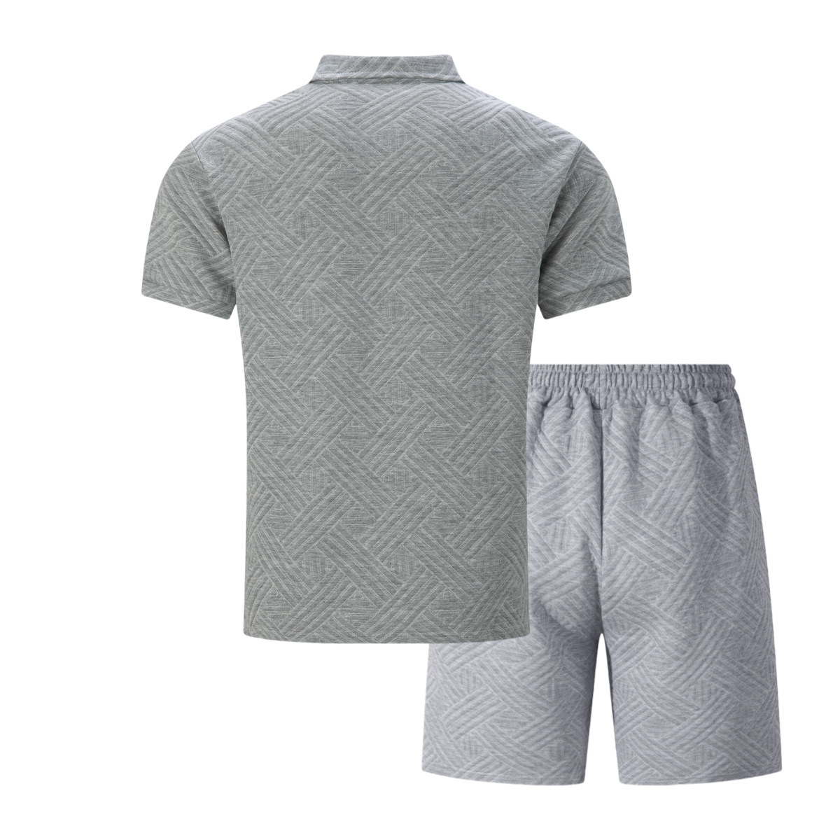 Zweiteiliges Herren-Set aus Waffelstrick, einfarbig, Sommer, Kurzarm, Shorts mit Tasche und Jacquard-Kragen._voghion.com