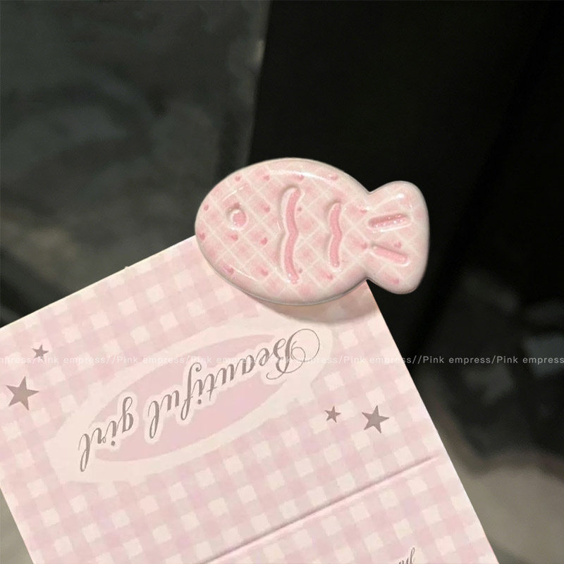 10# 프린트 핑크 체크 무늬 우유 거품 물고기 머리핀 - 하단 클립 약 3.2cm