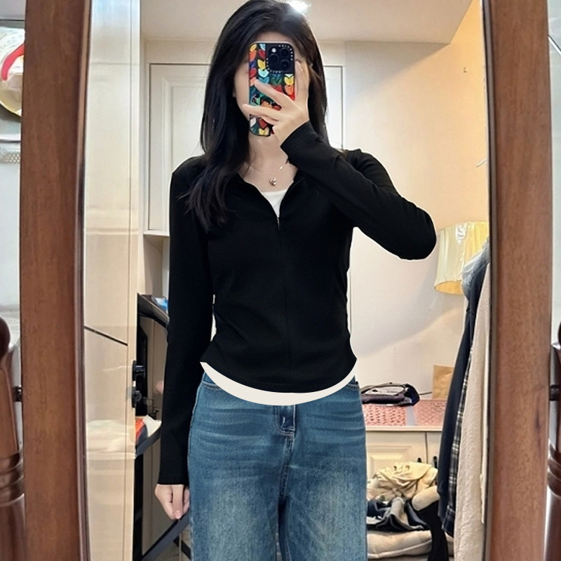 黑色捏褶显瘦拉链半开领长袖t恤女2025春季新款假两件打底衫上衣|undefined