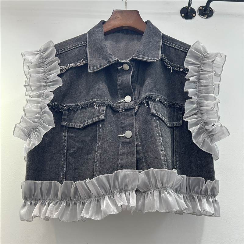 Pequeño borde de lótus costurado chaqueta de vaquín sin mangas de primavera 2025 cintura alta chaleco corto de chaleco de chaleco de chaleco image 1
