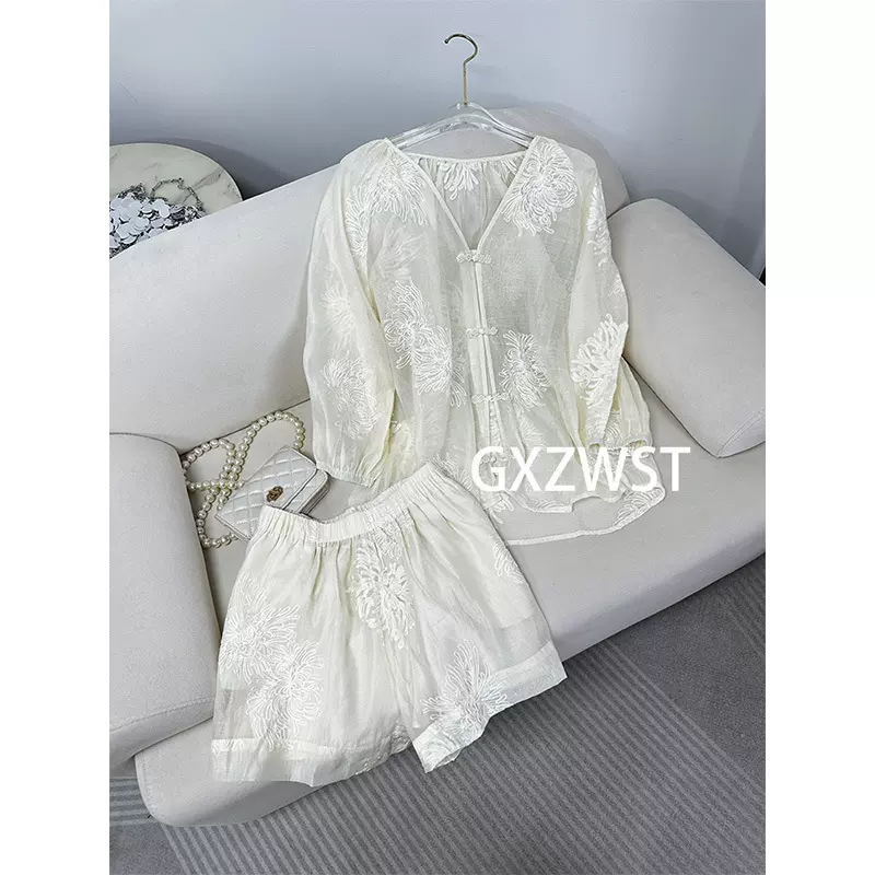 【现货】2025年新中式刺绣短裤国风唐装套装女轻薄透气蕾丝两件套