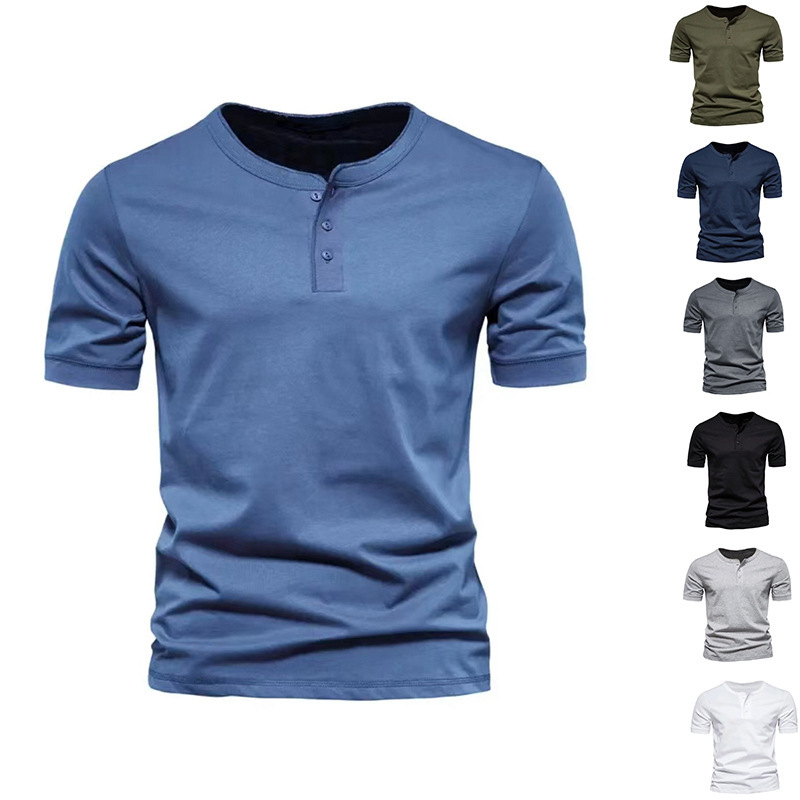 Amazon Cross-Border Men's T-Shirt Henry Shirt European and American Slim Button Round Neck Pure Color Casual Sports Short-Sleeved Top
