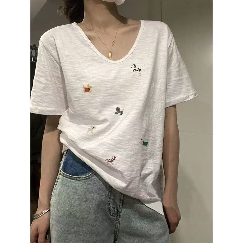 Vネック竹綿Tシャツレディースホワイトショルダー半袖レディース超人気年齢軽減トップスレディース2025夏新作ホットスタイル|undefined