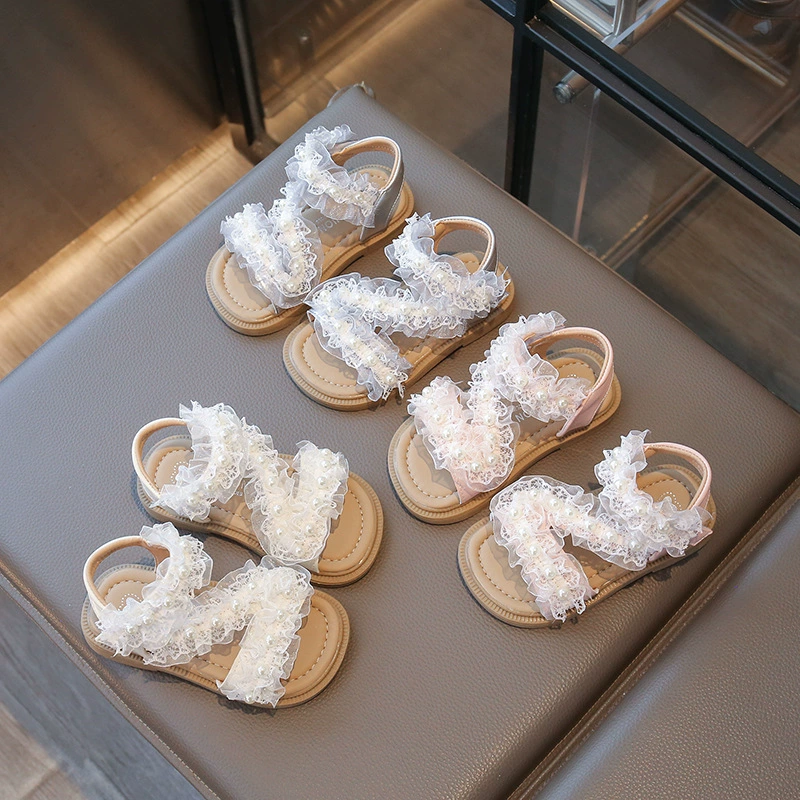 Детские кружевные босоножки лето 2025, новая модель, для девочек, стиль феи, туфельки принцессы, римские босоножки, пляжная обувь