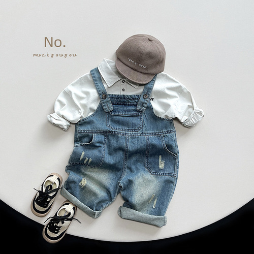 Chic and Cute Outfit~ Boys' Denim Overalls 2024 Spring Collection New Style Overalls for Middle and Small Children, Girls' Baby Korean Style Onesies Batch