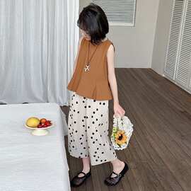 O4B女童夏季套装洋气无袖娃娃衫上衣波点休闲裤百搭韩版薄款两件