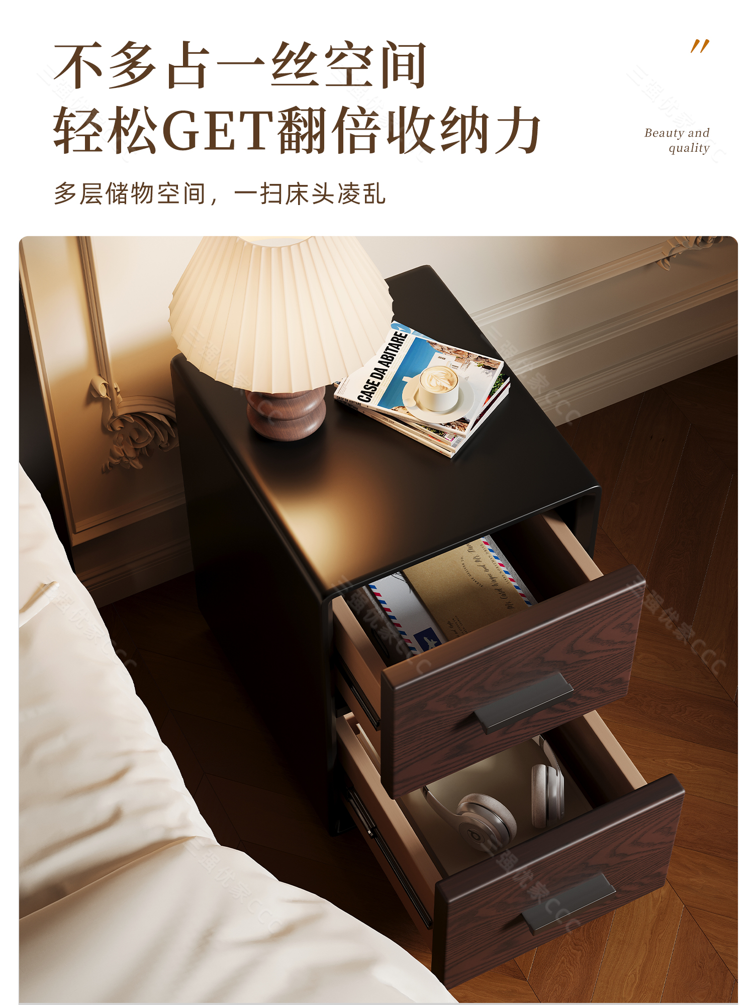 ✅ Bedside Table Made of Solid Wood in Mid-Century Style, Black Walnut, French Leather, Modern Minimalist Retro Bedroom, No-Installation Bedside Table