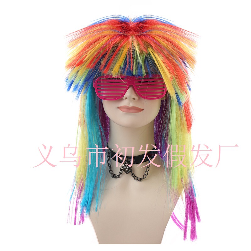 Halloween 70 s Party Wig COS Rock Dress Up Wig Gradient Curly Hair Mixed Color Long Straight Hair Headgear