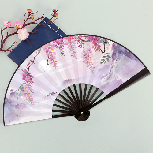Silk cloth ancient style illustration folding fan male and female students fairy spirit Chinese style Internet celebrity domineering Hanfu dance accessories prop fan