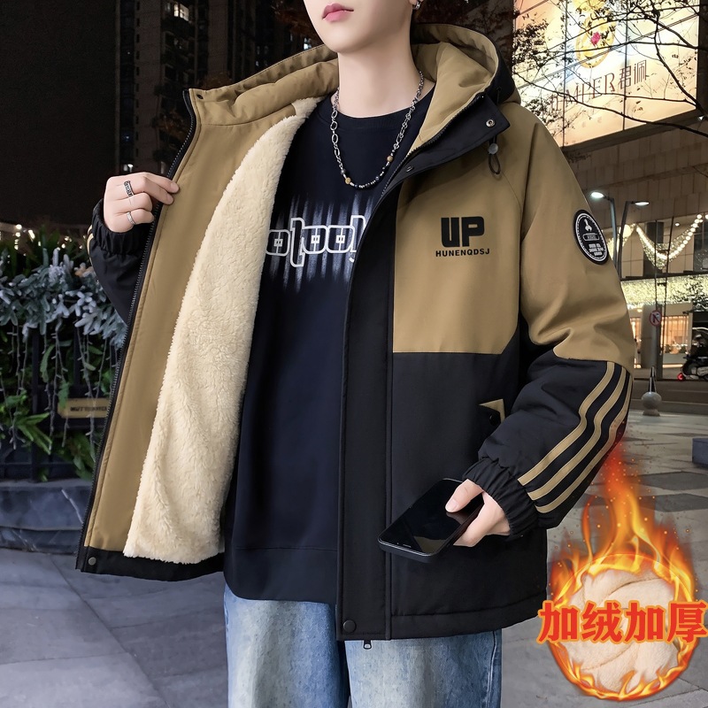 青少年男士时尚潮流拼色连帽棉夹克26年冬季加绒加厚保暖百搭棉服