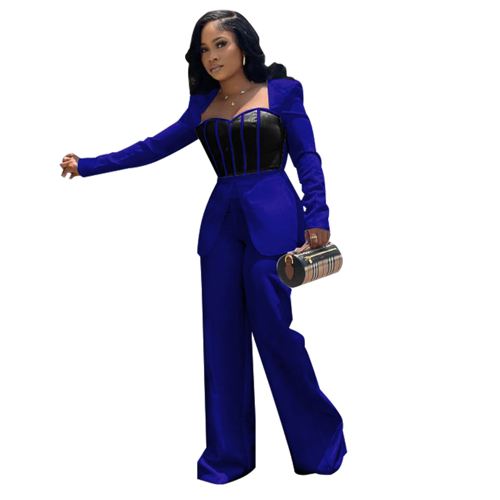 K10590 Amazon ropa de mujer de comercio exterior europeo y americano al por mayor sexy cintura apretada contraste color costura manga larga pierna ancha mono nuevo
