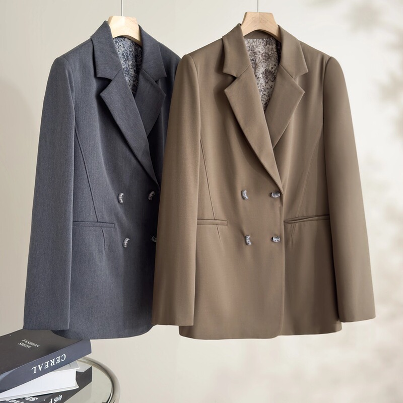 Endi Retro Printed Patchwork Blazer for Women, 2026 Spring New Stylish Gray Small Suit Jacket