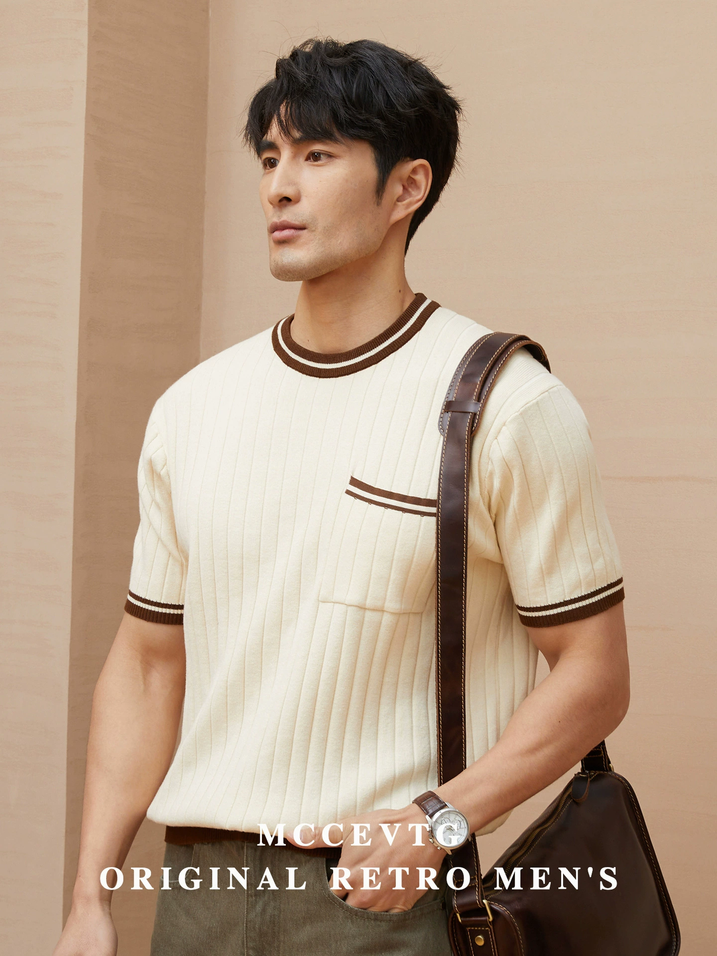 Американский ретро вязаный свитер с короткими рукавами футболка мужской 2024 лето новый маленький воротник карманный круглый воротник футболка топ