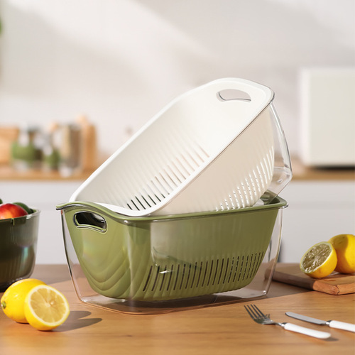 PET thickened light luxury double-layer drain basket drain basin kitchen double-layer vegetable washing blue drain washing fruit transparent vegetable basin