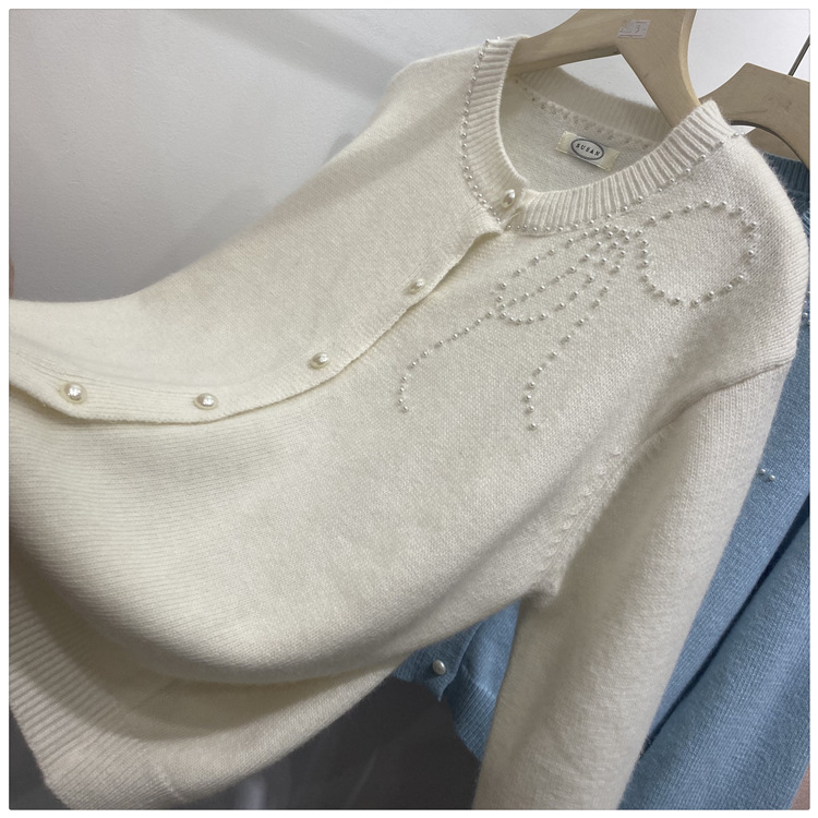 Women's Clothing Chic Embellished Bow Knit Cardigan For Women - Autumn Casual Long Sleeve Open Front Sweater (Blue, Yellow, Gray, Beige, Pink)​_voghion.com