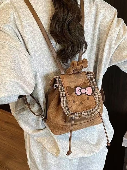 韩版复古卡通kitty猫双肩包包女甜美花边学生书包时尚百搭小背包|undefined
