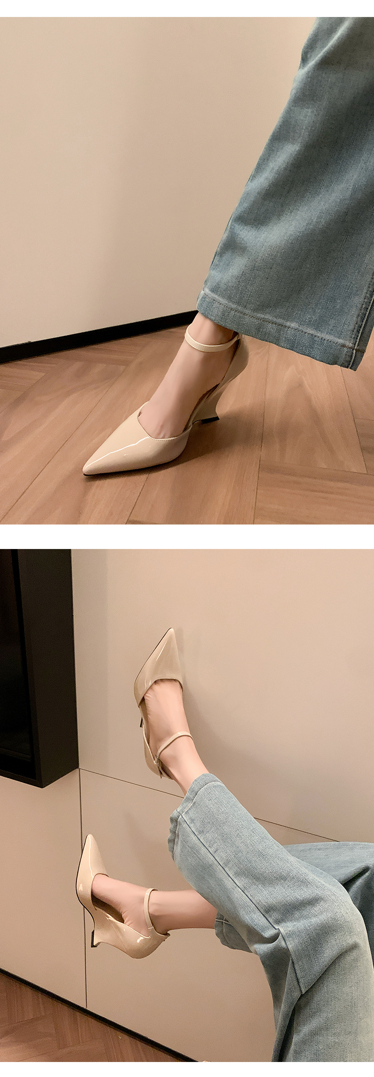 Giày sandal cao gót nữ mũi nhọn quai ngang chất liệu da bò sơn cao cấp, gót xuồng 9 cm — màu đen, màu trắng, màu mơ, màu đỏ chi tiết 27