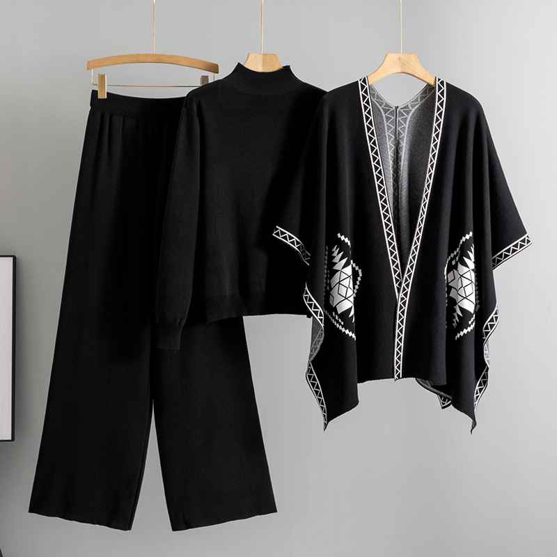 Women's Clothing loose lazy high necked sweater outer wear shawl cape coat wide leg pants three piece suit women autumn and winter_voghion.com