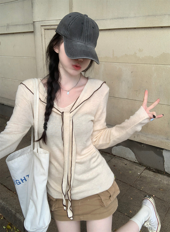 实拍 秋季韩版披肩V领系带设计感针织打底衫修身长袖毛衣女89378|undefined