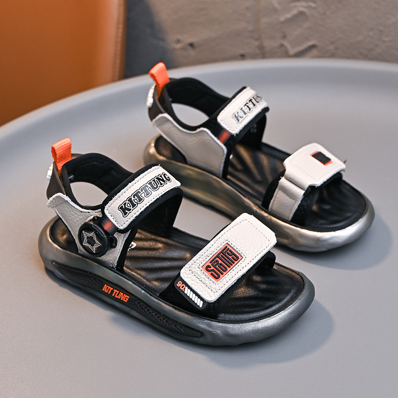 Boys' Sandals 2026 Summer New Style Soft-Soled Kidsren's Beach Shoes for Older Kidsren with Rotating Buttons Genuine Leather Casual Shoes