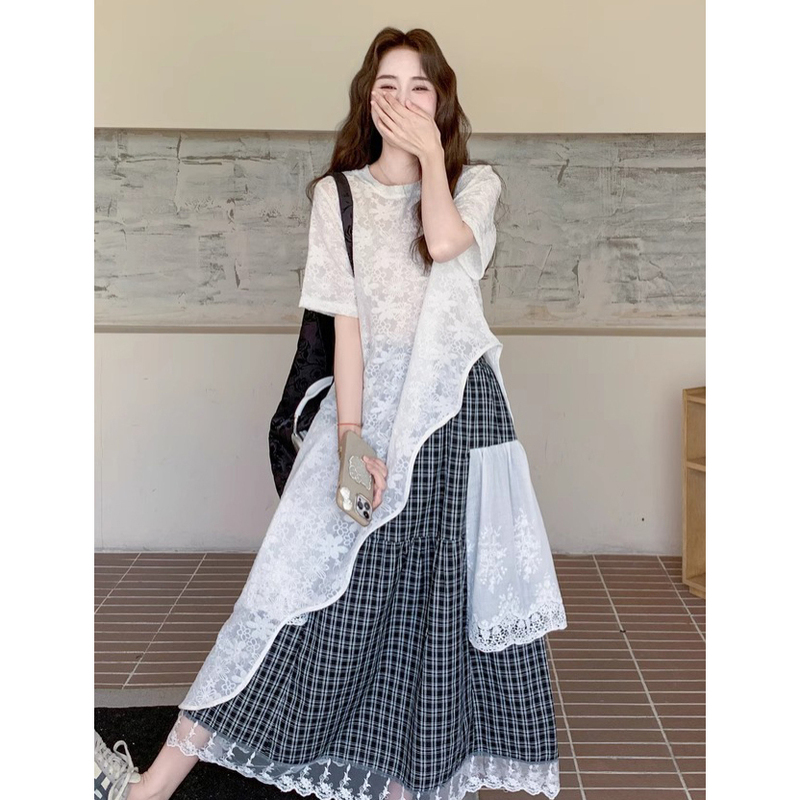 Bohemian Irregular Mesh Lace Blouse Women's Summer Mid-Length Outer Tulle Short-Sleeved Air Conditioning Shirt Long Skirt