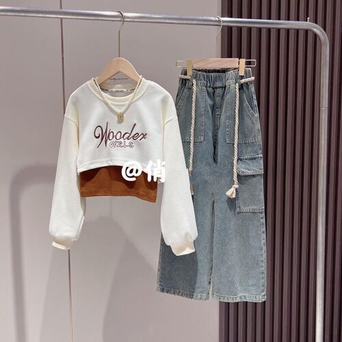 2024 Autumn Girls' 3-Piece Set: New Korean-Style Trendy Vest, Sweatshirt, & Overalls Denim Pants—Internet-Famous Outfit
