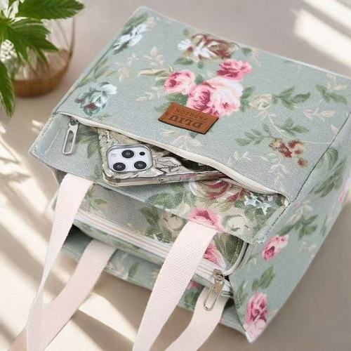 Canvas bag, thick and sturdy printed bento bag, hand-held water bucket bag, large capacity portable mom's hand-held bag for outdoor use