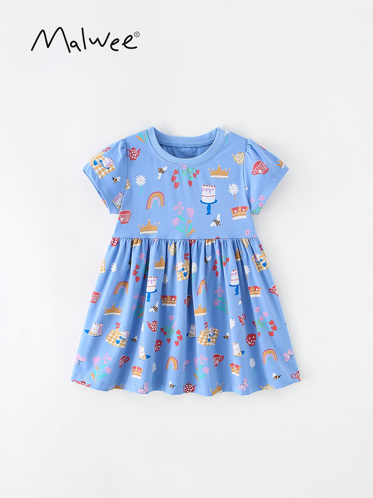 Malwee niñas falda verano nuevo estilo occidental de los niños europeos y americanos cuello redondo manga corta princesa vestido ropa para niños
