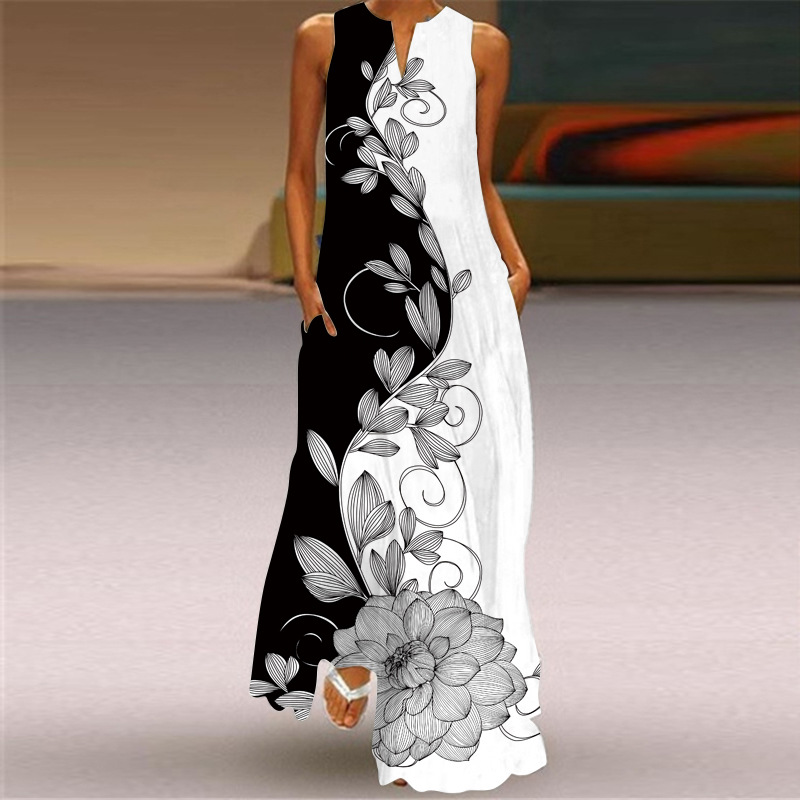Robe longue sexy sans manches imprimée multicolore à col en V, style rétro européen et américain, collection été 2026_voghion.com