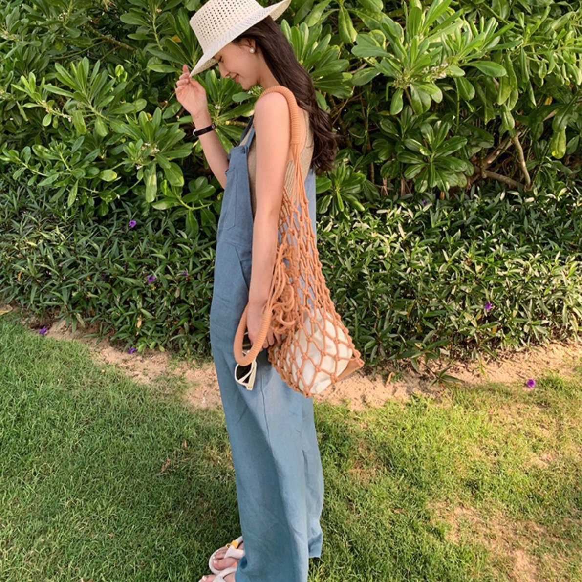 Quần yếm denim nữ phong cách mùa hè form suông — Màu xanh lam, Màu gai thô