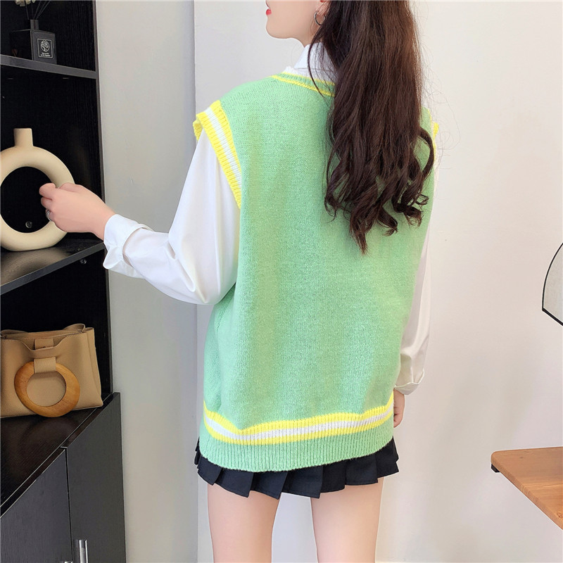刺绣大码毛衣背心女 日系撞色v领套头针织马甲跨境休闲无袖坎肩潮