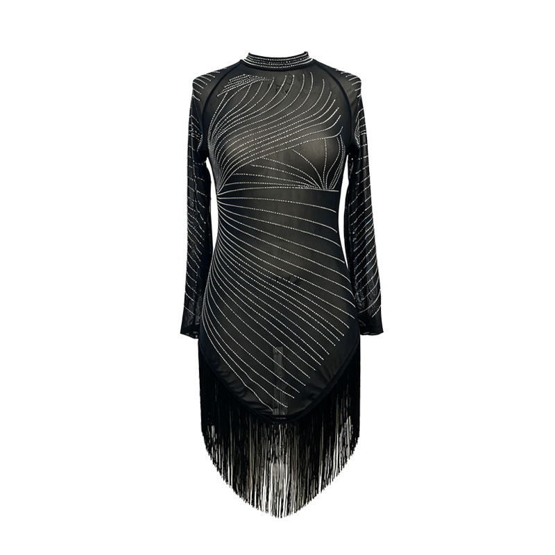 European and American style black and silver rhinestone fashion tassel sexy bodycon dress, long one-piece dress for women, tummy control and butt-lifting shapewear European and American style black and silver rhinestone fashion tassel sexy bodycon dress, long one-piece dress for women, tummy control and butt-lifting shapewear