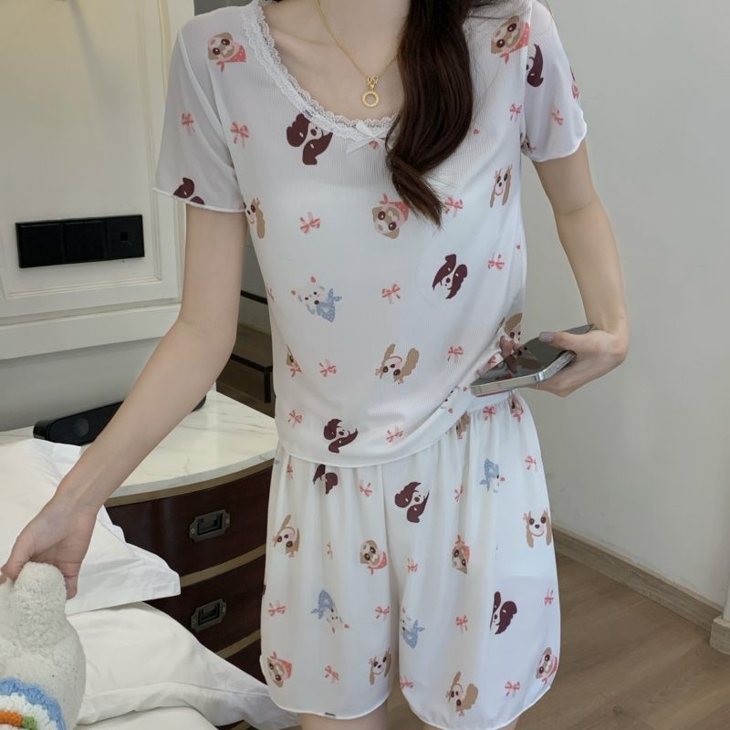 Pantalones cortos de manga corta con hilo de seda de hielo de verano al por mayor transfronterizo lindo encaje de dibujos animados coreanos ropa de hogar fresca pijamas mujeres