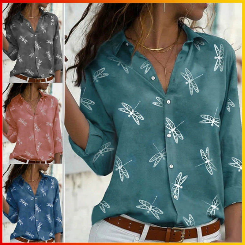 В тот же день, 2023 трансграничная тонкая Модная рубашка Amazon AliExpress Dragonfly с длинным рукавом и лацканами для женщин