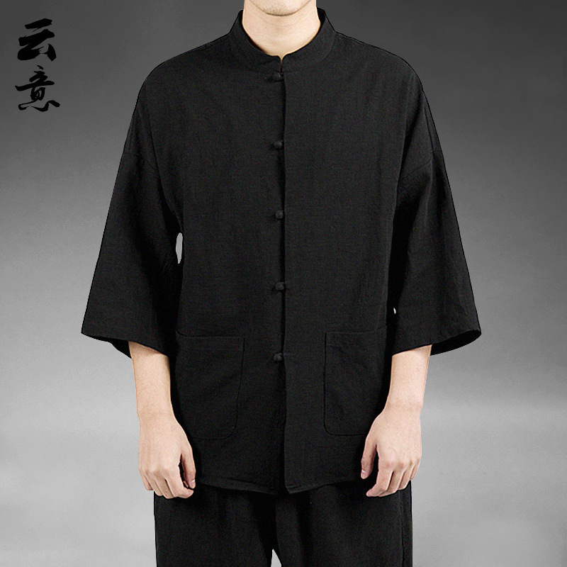 Camisa Zhongshan de lino de estilo chino, manga de cinco puntos para hombres, traje Tang, algodón y lino chino, camisa fina informal, traje de té de verano