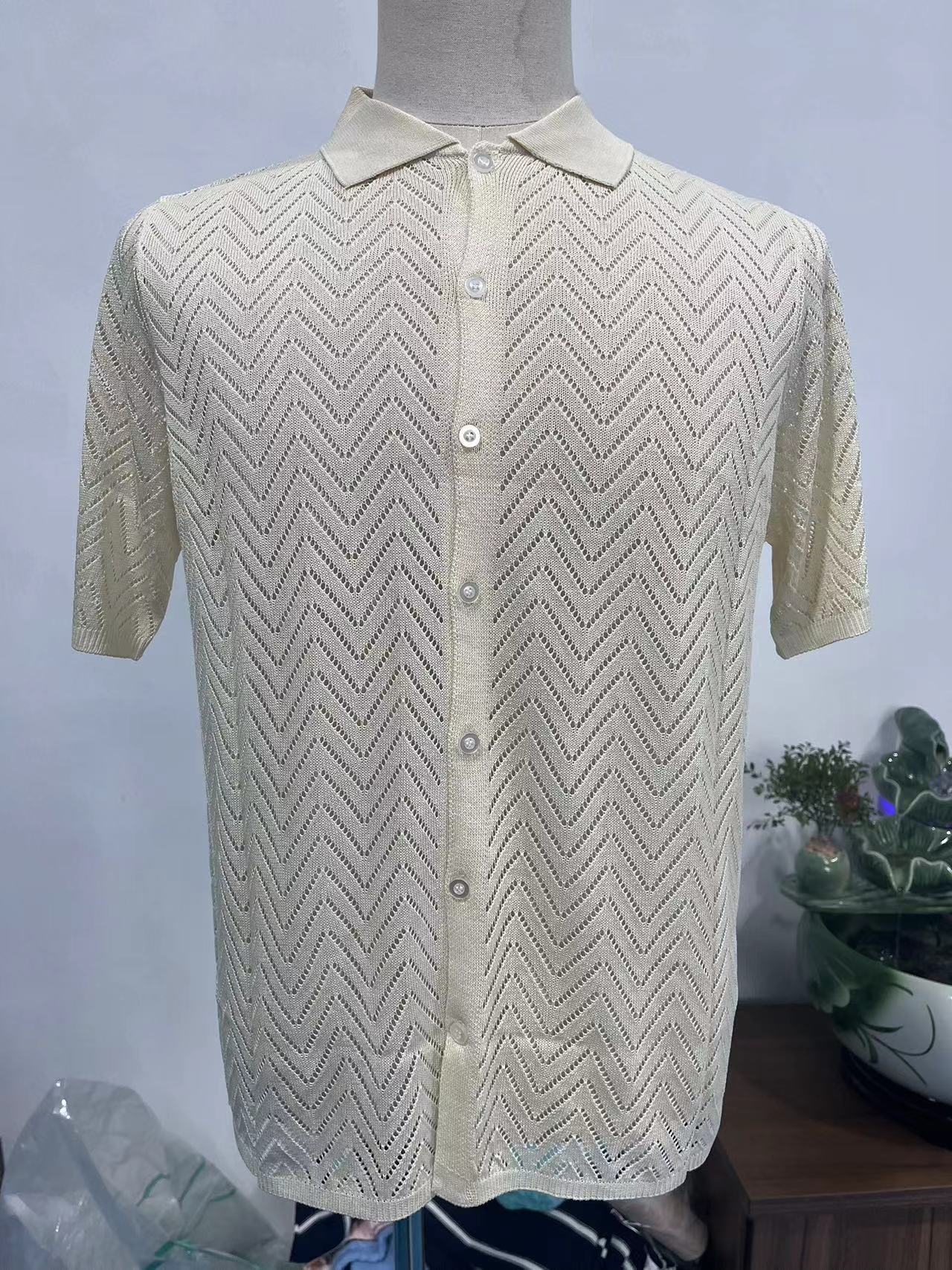 Summer New European And American Casual Knitted Short-sleeve Shirt, Cardigan, Solid Color Hollow Top Men's Clothing_voghion.com