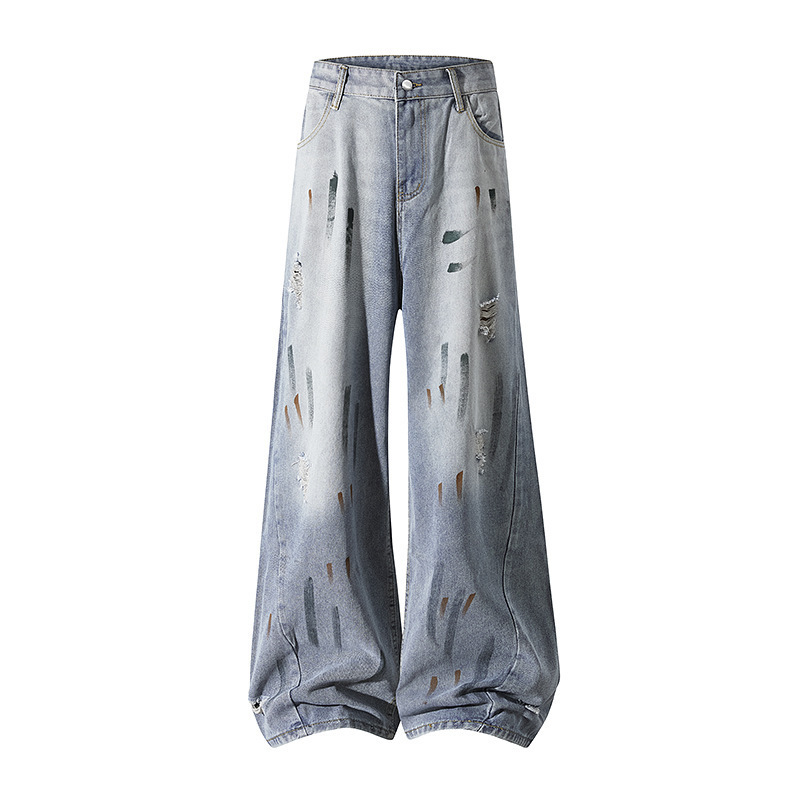 Men's Fall/Winter Vintage Washed Distressed Wide-Leg Jeans with Splatter Paint Effect, Loose Straight-Cut Casual Pants Men's Fall/Winter Vintage Washed Distressed Wide-Leg Jeans with Splatter Paint Effect, Loose Straight-Cut Casual Pants