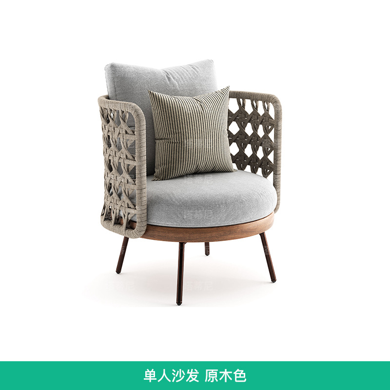 Sofá de ratán para exteriores, juego de muebles de diseño para patio, muebles de ocio para villa, modelo de sala de estar, silla individual de ratán y teca