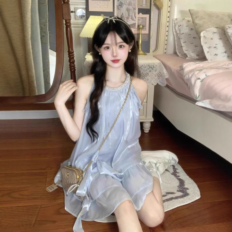 French Elegant High-end Exquisite Sleeveless Neck Hanging dress Chic Beautiful Fairy Dress Small Birthday Dress