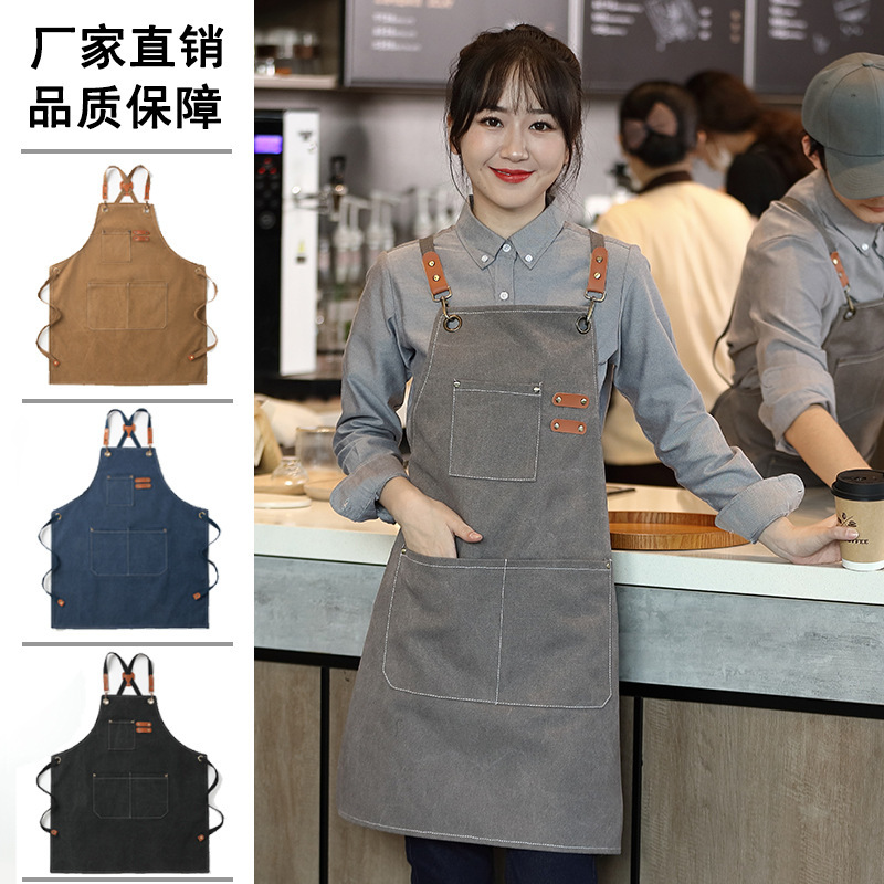 Thickened Canvas Apron with Logo Printed Cross-Border Gardening Barista Waterproof Kitchen Catering Foreign Trade Work Manufacturer Wholesale