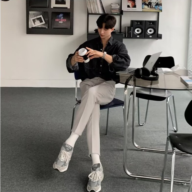 纯棉牛仔衬衫男高级感韩系别致上衣时尚潮流雅痞男装垂感长袖衬衣