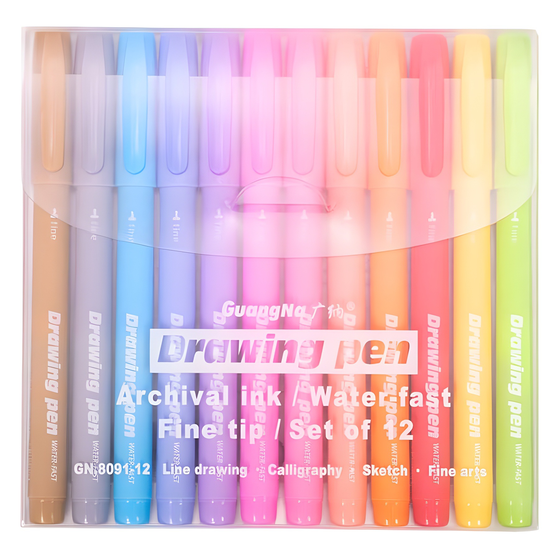 Guangna 8091 color tubo de aguja pluma impermeable 12 color conjunto de bolígrafo de dibujo