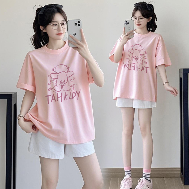 Age-Reducing Cute and Sweet Printed Maternity Tops Summer Short-Sleeved T-Shirt Petite Shorts Suit Pink Plus Size Women's Clothing