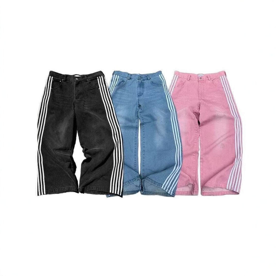 American retro street style striped jeans for men, Y2K Harajuku style casual wide-leg pants, Gothic straight leg floor-length pants.
