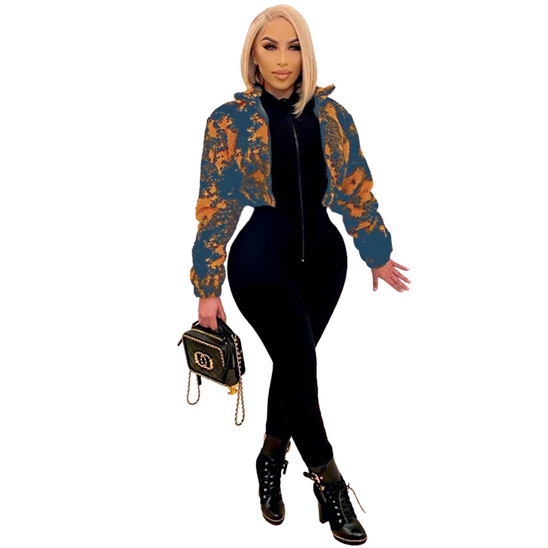 Tie-Dye Imitation Fur Zipper Plush Warm Jacket NSME97517