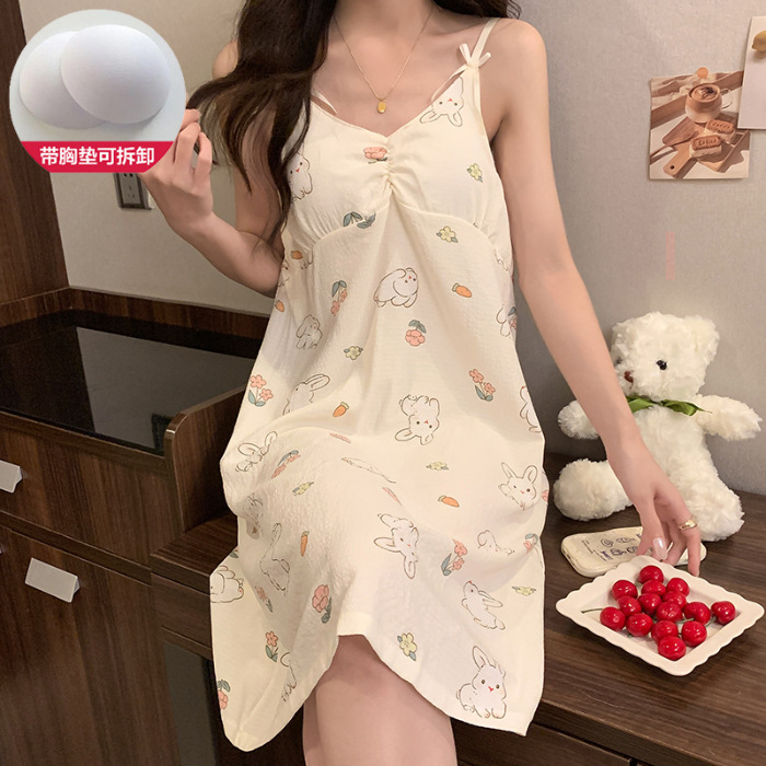 2024 verano con cojín de pecho espuma vestido de dormir mujer dulce vestido de suspensión estudiantes lindos dibujos animados ropa de casa de mujer al por mayor