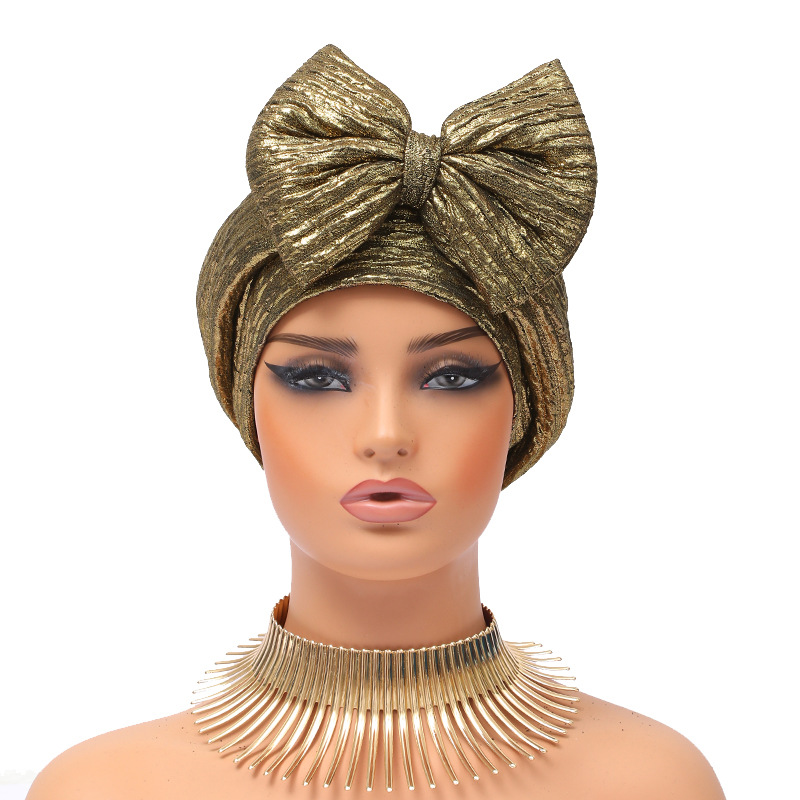 Muslim hat Fashion hot gold forehead big bow African bun hat stretch comfortable headscarf hat_viptrois.com