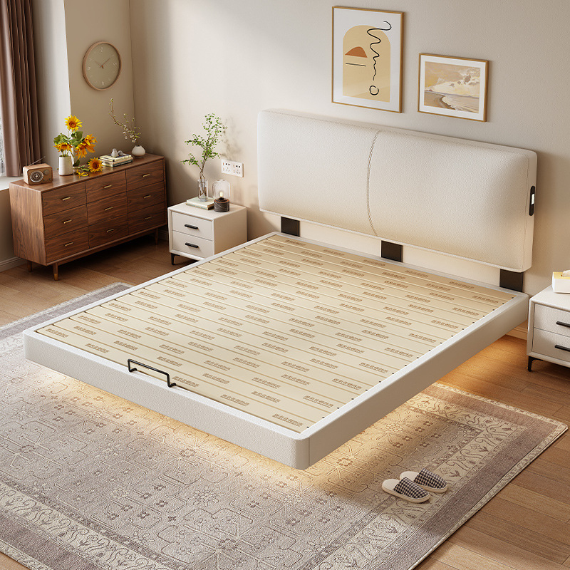 Cream-Style Leather Bed, Small-Sized Edge-To-Edge Bed, Beech Wood Frame Bed, Adjustable Bedside Solid Wood Bed, Customizable