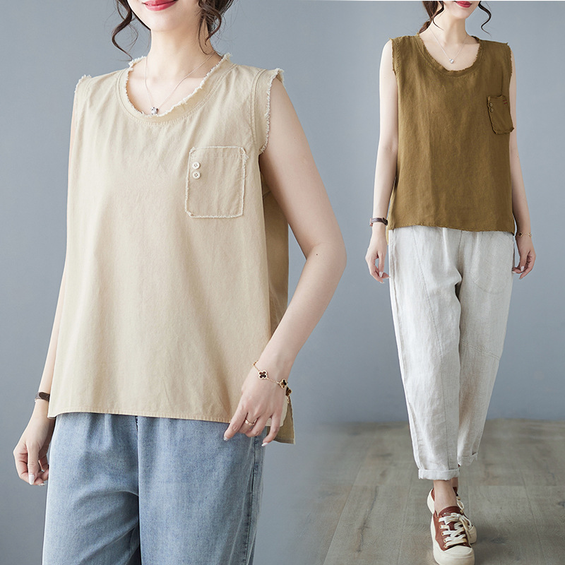 Summer solid color fashionable base vest with a round collar…